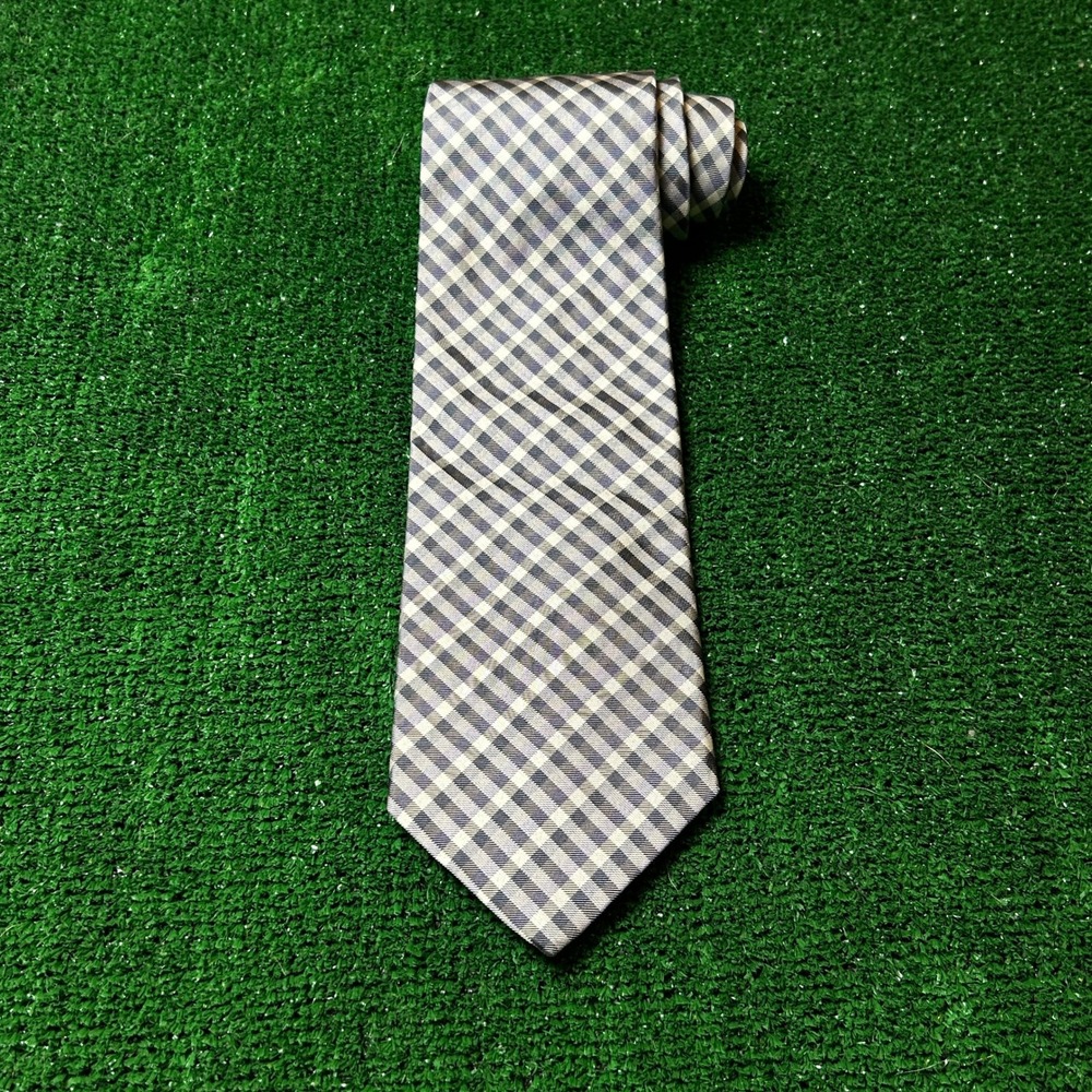 Brooks Brothers Makers Silk Tie Navy Grey Gingham Plaid Woven In England - Picture 8 of 8